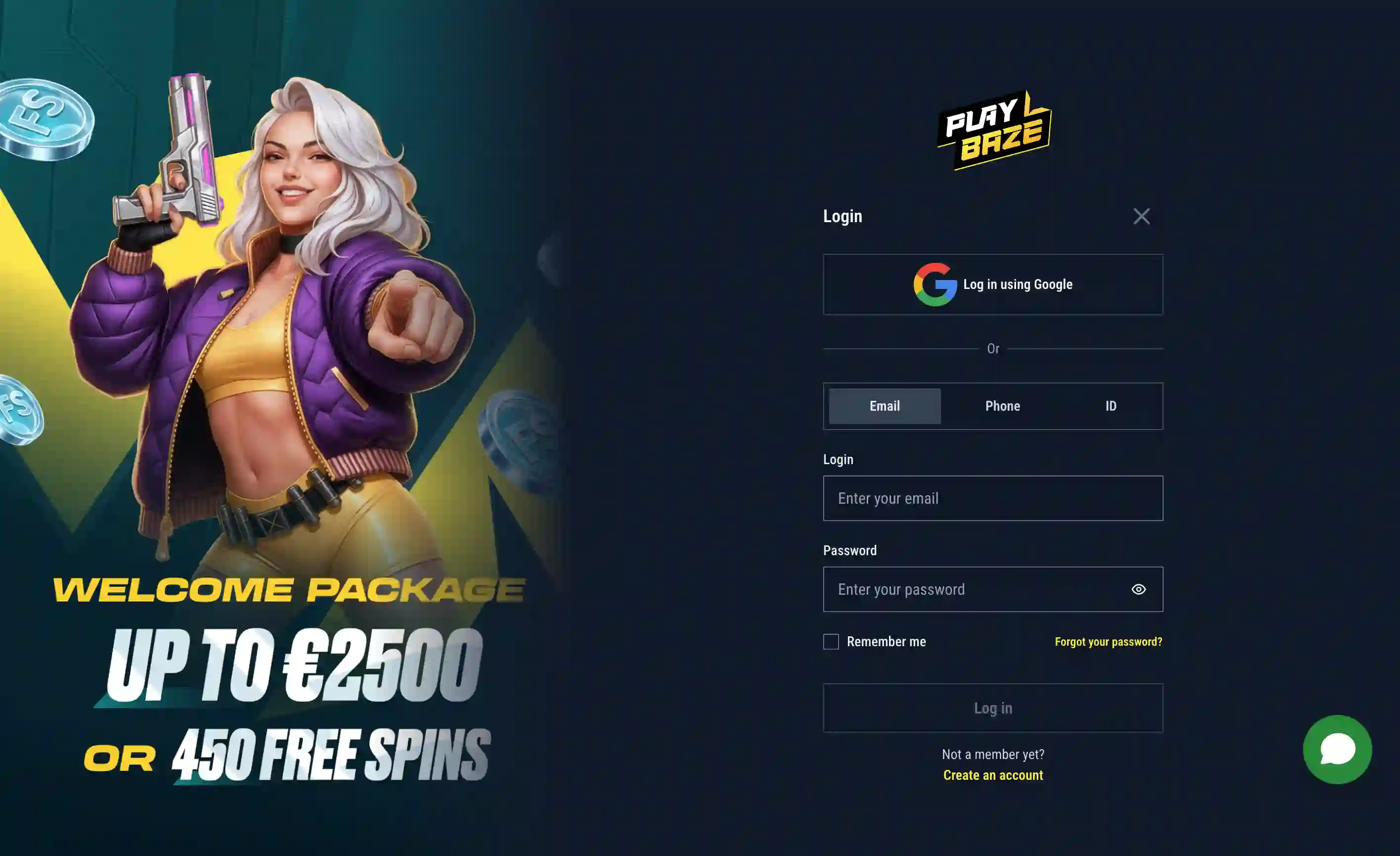 Anmeldeseite von Playbaze Casino Deutschland